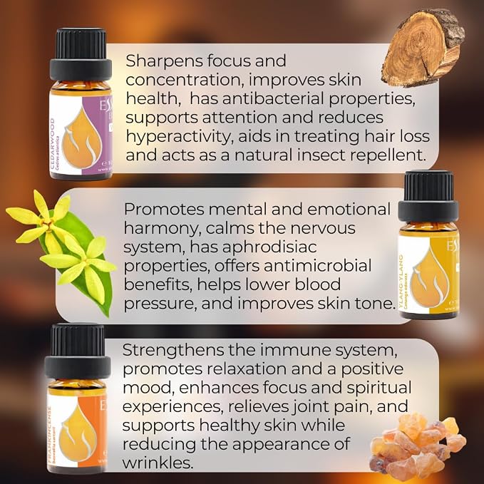 Set Evening Meditation Organic Essential Oils |0.84 Fl Oz | Frankincense (5ml) + Ylang Ylang (10ml) + Cedarwood (10ml) | 100% Pure and Natural | Undiluted | Therapeutic Grade | Non-GMO | 3 pcs