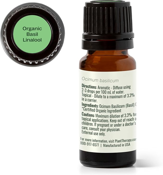 Plant Therapy USDA Certified Organic Basil Linalool Essential Oil 10 mL (1/3 oz) 100% Pure, Undiluted, Aromatherapy, for Muscle Soreness and Digestive Discomfort