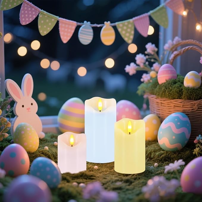 Flameless Candles Light, Set of 3 Pastel Spring LED Candles with Remote & Timer, Flickering Easter Pillar Candles Battery Operated, Real Wax Electric Candles for Home Spring Easter Decor (3 Colors)