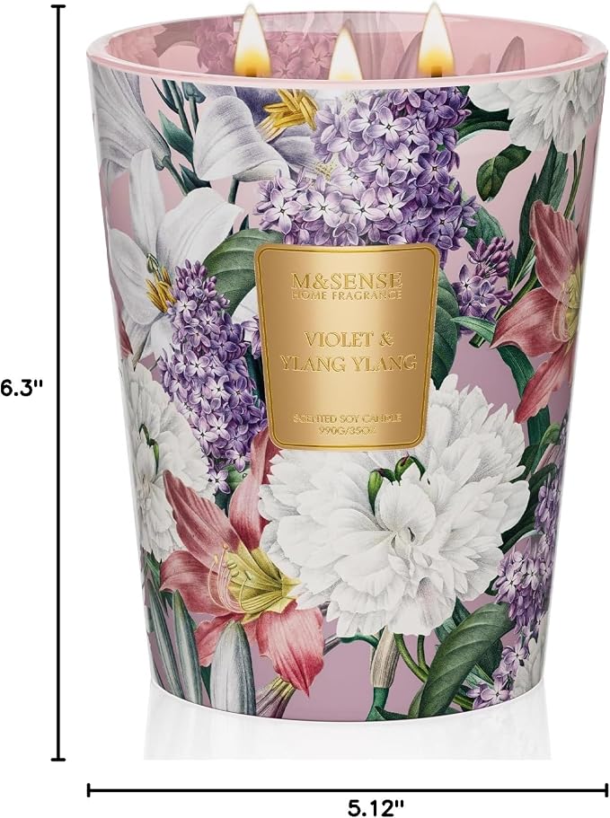 M&SENSE Violet Ylang Ylang Soy Large Candle, 35oz Non Toxic 3 Wick 150H, Floral Calming Sleep Aromatherapy, Self Care Gift