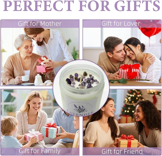 Lavender Amber Scented Candles with Crystals Inside, 9oz Soy Candles for Home Decor, Birthday Spiritual Gift Mothers Day Candle for Women Mom