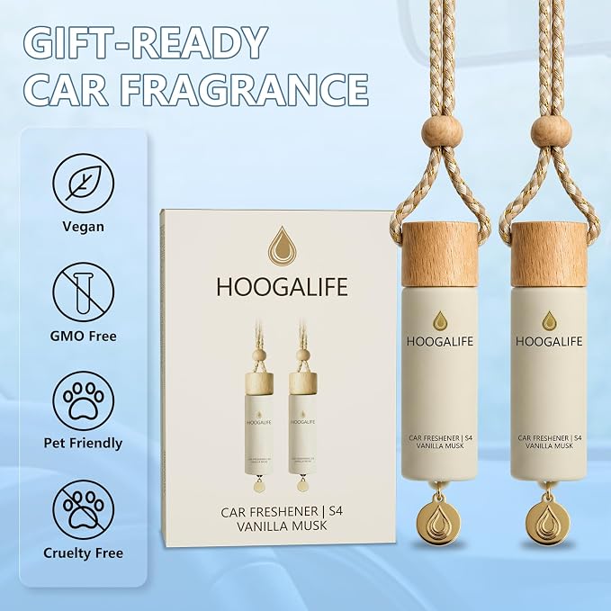 HOOGALIFE Car Air Freshener 2 Pack, Vanilla Musk Hanging Diffuser, 45+ Days Long Lasting Scent, Refillable Bottle, Odor Control for Auto Interior, Made in USA