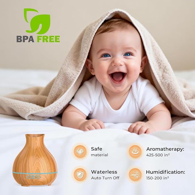 Aromatherapy Essential Oil Diffuser 550ml 12 Hours Wood Grain Aroma Diffuser with Timer Cool Mist Humidifier for Large Room, Home, Baby Bedroom, Waterless Auto Shut-off,7 Colors Lights Changing