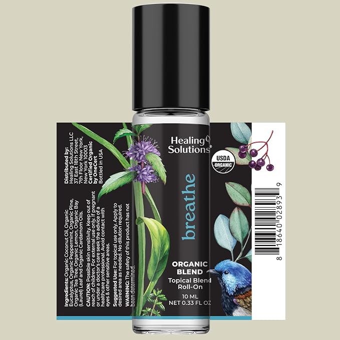 Healing Solutions (2 Pack) Organic Breathe Essential Oil Blend Roll-On Perfume - USDA Certified Aromatherapy Oil Roller for Sinus Ease