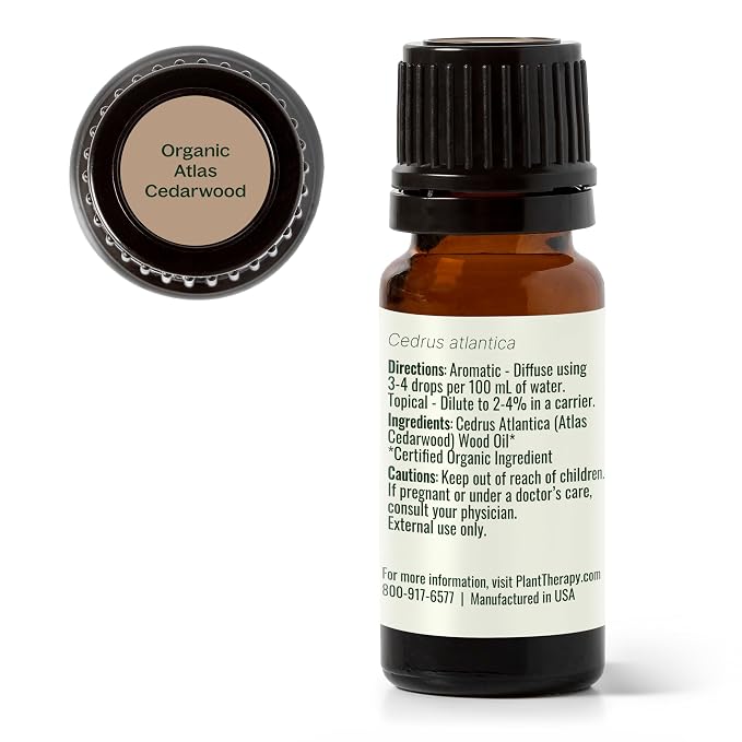 Plant Therapy Organic Atlas Cedarwood Essential Oil, 10 mL (1/3 oz), 100% Pure and Undiluted, USDA Certified Organic, for Essential Oil Diffusers and DIY Skincare