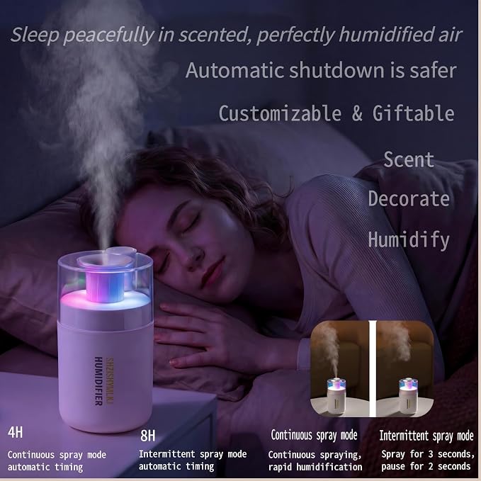 Mini Humidifier, 2-in-1 Aroma Diffuser & Humidifier, 7-Color LED Night Light, USB Portable, 4H/8H Timer, Auto Shut-Off, for Travel, Hotel, Car, Office, Personal Use (white, 2.8*3.2*4.7)