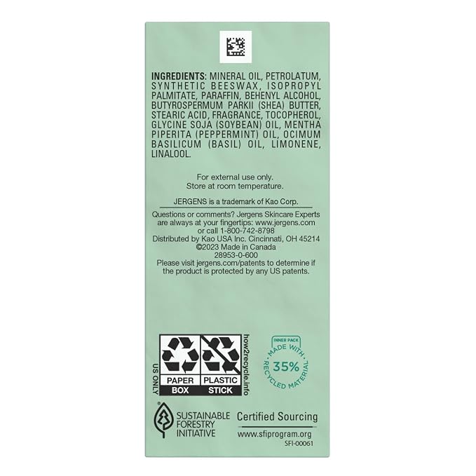 Jergens Focus Essential Oil-Scented Stick, Aromatherapy Stick Crafted with Peppermint and Basil Essential Oils, 0.9 Oz