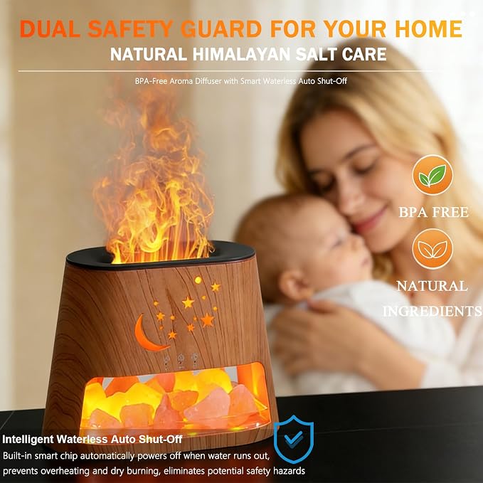 Flame Essential Oil Diffuser & Himalayan Salt Lamp: 260ml Aromatherapy Diffuser & Ultrasonic Cool Mist Humidifier with Himalayan Pink Salt Rock, Remote, 7-Color LED, 3 Timer (Moon Star + Wood Grain)
