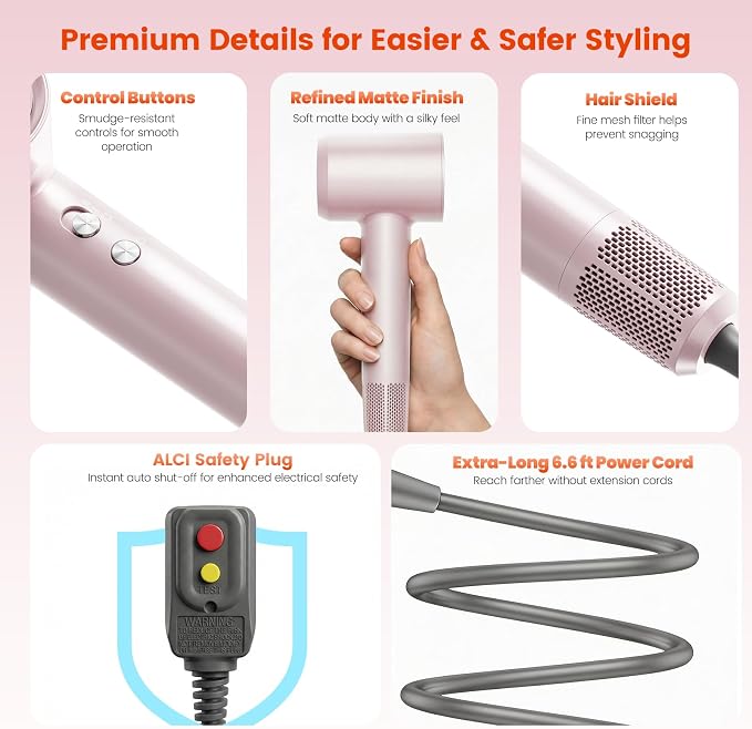 Hair Dryer, 160,000 RPM High-Speed Ionic Blow Dryer with Brushless Motor for Fast Drying, 500 Million Ions Frizz Control, Low Noise Hairdryer with Magnetic Diffuser & Nozzle for Curly Hair Home Travel