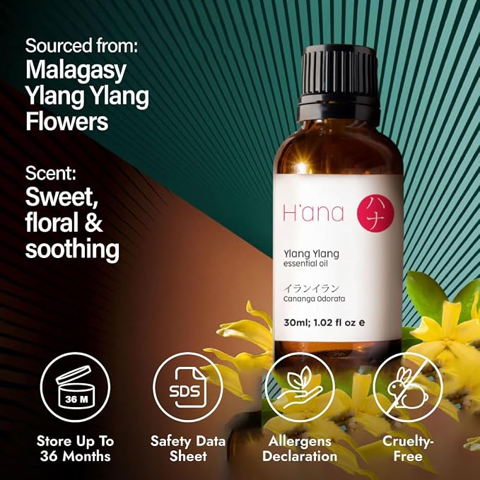 H'ana Ylang Ylang Oil - 1.02 Fl Oz Ylang Ylang Essential Oil for Hair, Skin, Diffuser, Aromatherapy & DIY
