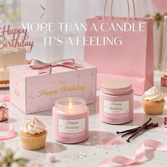 NORVENCE Birthday Candles, Scented Candles Gift Set, Stress Relief Candles for Home, Premium Soy Candle Set, Birthday Gifts for Women and Men (Birthday Pink, 7 oz)