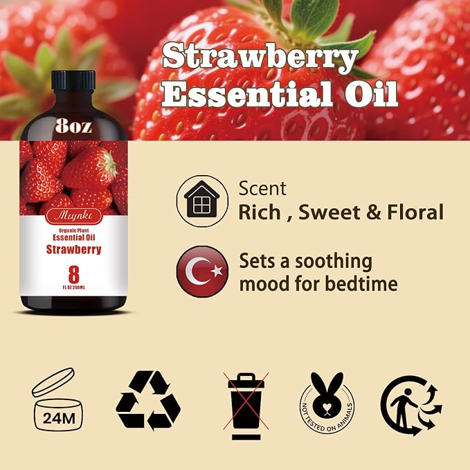 Strawberry Essential Oil, Strawberry Oil for Diffuser, Humidifier, DIY Candle, Soap, Sweet Fragrance, Home, Gift Ready, Strawberry Fragrance Oil - MLYNKL Essential Oils (8.33 fl oz / 250ml)