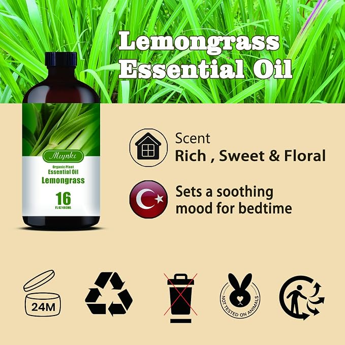 Lemongrass Essential Oil - Lemongrass Fragrance Oil for Cleaning, Diffuser, Humidifier, DIY Soap, Candle, Massage, Home, Pest Repellent, Gift Ready – MLYNKL (16.33 fl oz / 490ml)