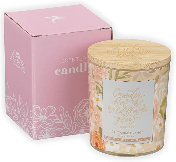 Christian Art Gifts Soy Wax Scented Candle: Honeycrisp Orange Scent, Wildflowers Grow Bible Verse, Pure Essential Oils, 4.5 oz, Up to 20 Hours Burn Time, Glass Jar w/Bamboo Lid, Encouragement Gift