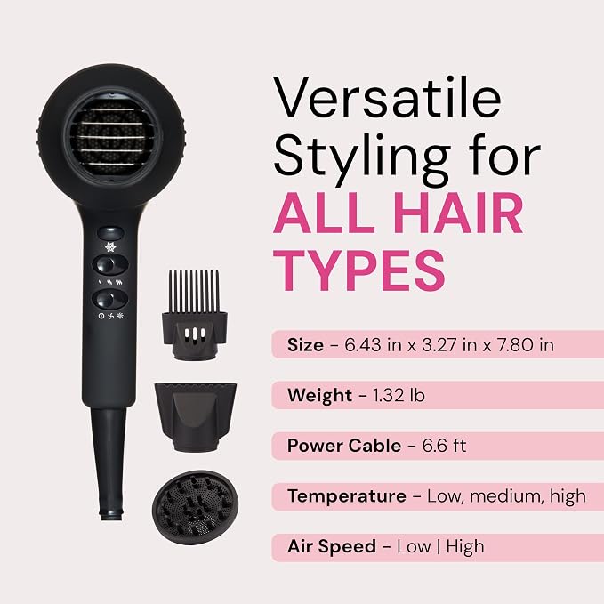 L'ANGE HAIR PowerStyle Turbo Ionic Hair Dryer | 1875 Watt Professional Blow Dryer with Diffuser & Concentrator | Multiple Heat & Speed Settings for Fast Drying | Salon-Grade Styling Tools, Black