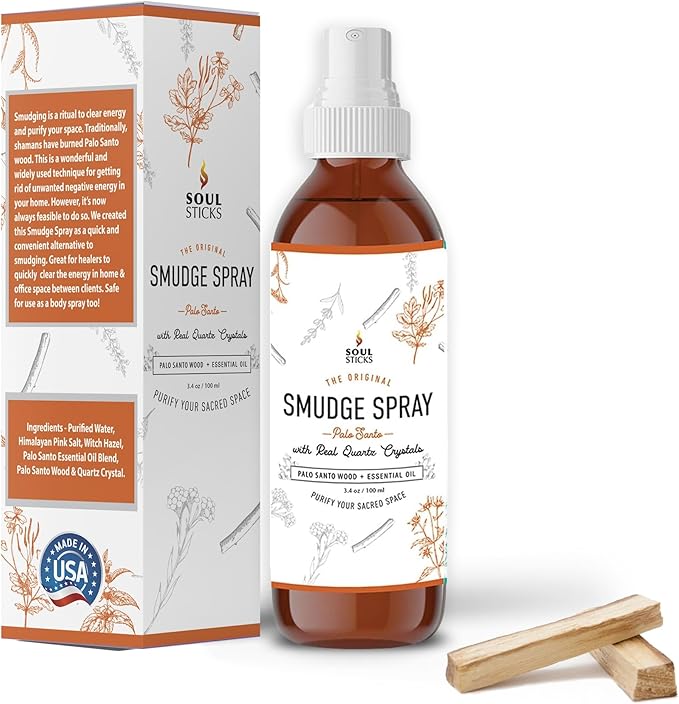 SOUL STICKS Palo Santo Smudge Spray – 3.5oz Smokeless Energy Mist with Quartz Crystals – Non-Toxic Cleansing Spray for Room, Meditation, Travel, Spiritual Rituals & Aura Purification