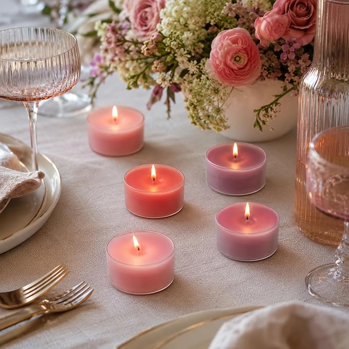 Gradient Pink Tea Lights Set of 24, Rose Scented Tealight Candles, Handmade Tea Candles, Long Burning Tealights for Romantic Wedding Home Decor Gift