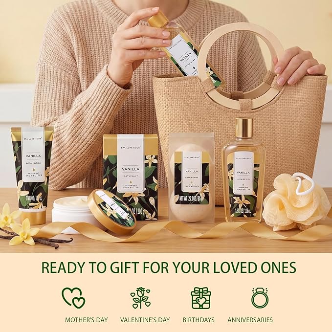 Spa Luxetique Spa Gift Baskets for Women - Vanilla Bath Set with Bubble Bath, Body Lotion Gift Set, Vanilla Spa Set, Birthday Woman Gifts, Mothers Day Gifts for Mom