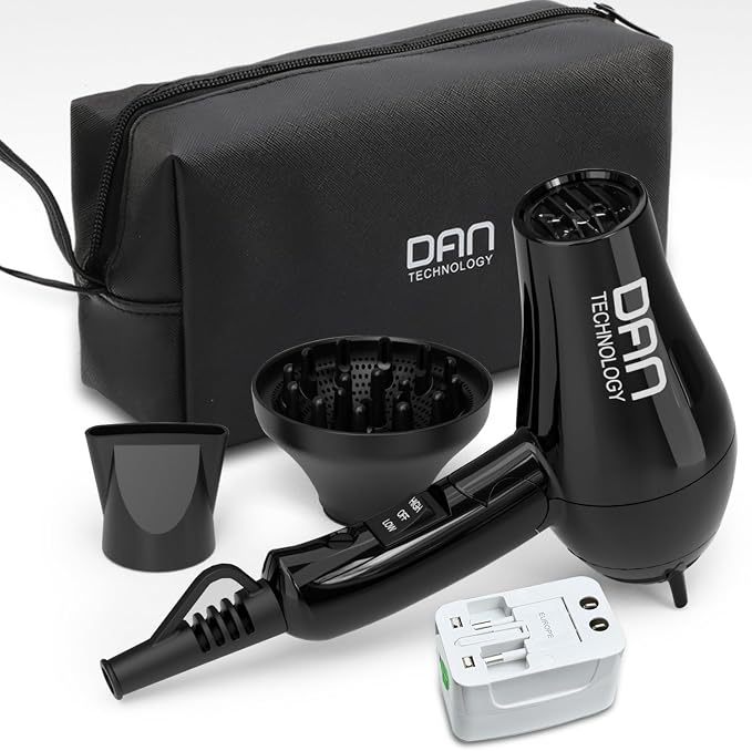 DAN Technology Auto Dual Voltage Hair Dryer,Hair Blow Dryer,Folding hairdryer for Travel,Small Blower with Multi-Function Plug Adapter,Compact Hair Dryer with Diffuser & Concentrator