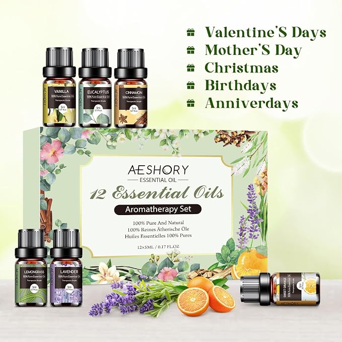 Essential Oils Set - 12 Pcs Organic Aromatherapy Essential Oil Kit for Diffuser, Humidifier, Aromatherapy, Massage, Soap, Candle Making (5mL)