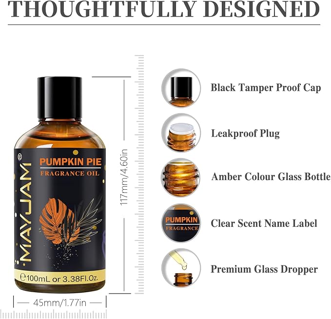 Pumpkin Pie Fragrance Oil Essential Oil, MAYJAM 3.38FL.OZ Pumpkin Pie Oil for Diffusers for Home, Long Lasting Scented Oils for Soap Candle Making - 100ML