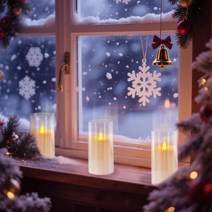 wemarry Flameless Candles Acrylic Glass Pillars 3" D x 6" H Battery Operated Flickering Candles Include 8-Key Remote with Timer Function 400+ Hours (Pure White, Warm Light 2 Pack)