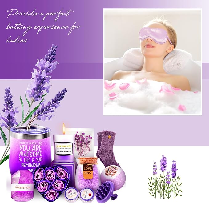 12 Piece Spa Gifts Set for Women, Self Care Gift Basket for Mom Wife Her, Relaxing Gifts with Eye Mask, Water Bottle, Bath Bombs, Aromatherapy for Valentines Day, Birthday, Christmas (Lavender)