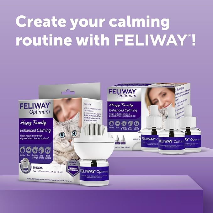 FELIWAY Optimum Cat Calming Diffuser Kit – Advanced Support to Help Reduce Urine Spraying, Scratching, Fighting and Hiding due to Stress – 30‑Day All in One Cat Pheromone Plug In Diffuser