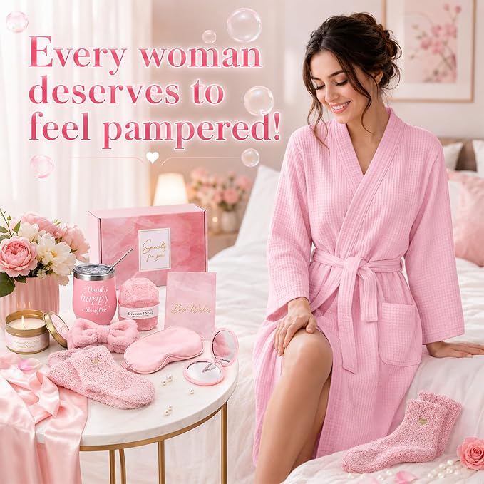gisgfim 14Pcs Birthday Gifts for Women Spa Gift Basket Set Relaxing Home Products Self Care Kit Includes Mirror Socks Steamers Bath Robe for Women Mother's Day Her Friend Sister Wife Grandma (Pink)