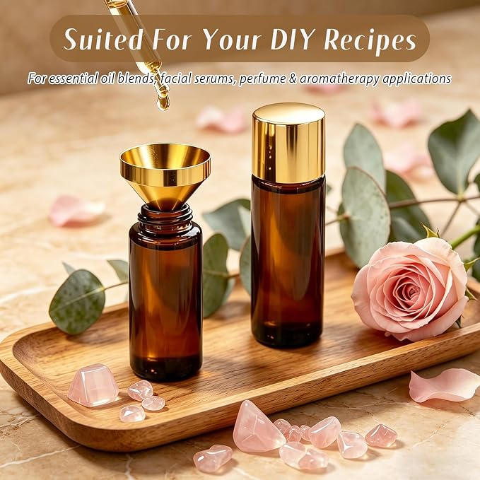Cocurb 1oz Rose Quartz Roller Bottle for Castor Oil,Essential Oils and Skincare DIY,Refillable Leak-Proof Amber Glass Roll on Bottle Empty Deodorant Container with Gold Cap&Storage Bag