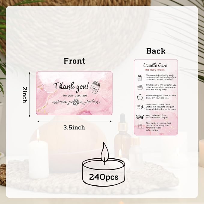 240 PCS Handmade Candle Care Instruction Cards 3.5 x 2 Inches Scented Candles Certified Cards for Candle Makers Soy Bees Wax Coconut Essential Oils Romantic Pink
