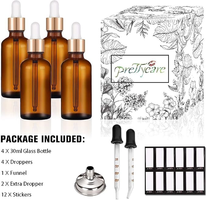 PrettyCare Set of 4, 1 oz Dropper Bottles with Golden Caps, Labels, Funnel & 2 Extra Dropper - 30 ml Thick Dark Amber Glass Empty Tincture Bottles for Personal Care & Beauty