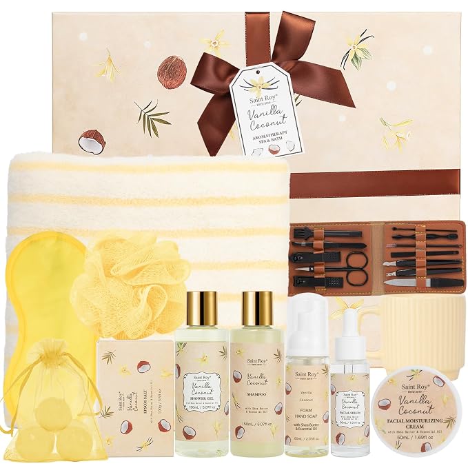 33Pcs Coconut Vanilla Spa Bath Gift Basket for Women & Men, Skin Care Set | Large Bath & Body Set, Self Care Pamper Kit, BODY WASH GIFT, Birthday, Christmas, Valentines, Mother Day, Anniversary