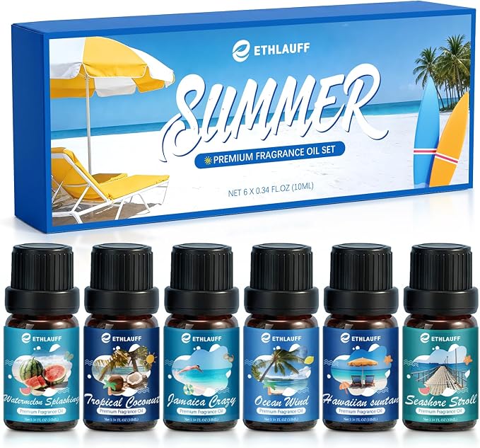 Summer Essential Oils for Diffuser - Ocean Wind, Tropical Coconut, Seashore Stroll, Hawaiian Suntan, Jamaica Crazy, Watermelon Splashing, Tropical Scented Oil for Home, Candle Making