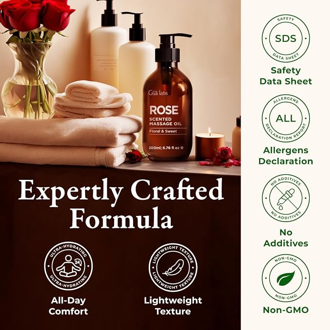 Gya Labs Rose Massage Oil - 6.76 Fl Oz - Delivers Deep Relaxation with Luxurious Feel, Offers Deep Hydration for Skin - Made with Authentic Rose Otto, Non-Greasy Formula, Non-GMO and Cruelty-Free