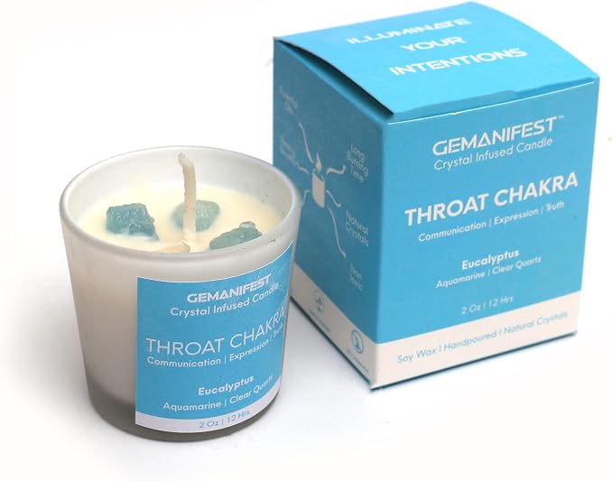Throat Chakra Candle with Healing Crystals and Aquamarine Bracelet Eucalyptus Candle Spiritual Candles for Positive Energy Meditation Communication Clarity