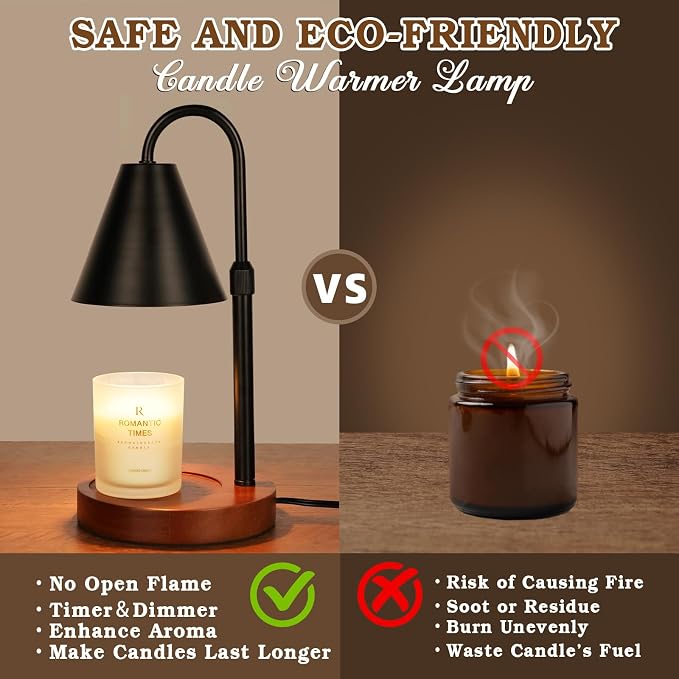 Candle Warmer Lamp with Timer Dimmable,Mothers Day Birthday Gifts for Women Mom, Adiustable Height Modern Candle Warmer Black Candle Lamp for Jar Candle, Home Decor Vintage Wax Warmer with 2 Bulbs