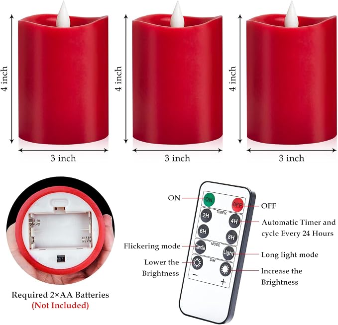 3-Pack 3x4 inch Flameless Candles: Realistic Flameless LED, Battery-Powered Pillar Candles with Remote & Timer, Fake Candles for Fall Decor, (Red, 3"*4"-3pcs)