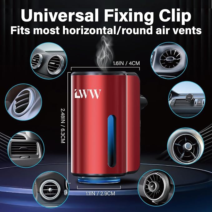 LWW Smart Car Air Freshener - 3 Levels Strength with Ventilation Clip, Rechargeable Car Fragrance Atomizer - with 8 10ml Bottles of Fragrance, Long Lasting Oil Diffuser (Red)