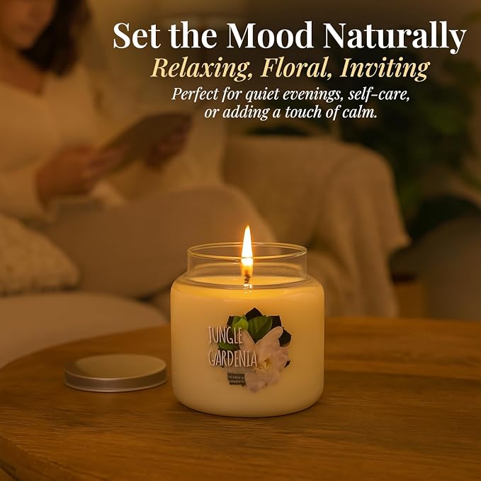 Scentsational Jungle Gardenia Candle – Large 19 Oz Jar Candle with Natural Soy Blend – Gardenia Scented Candles for Indoor or Outdoor Use – Non-Toxic Decorative Candles for Relaxation & Gifting