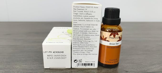 Anise Star 1.01fl.oz Essential Oil, PHATOIL Pure Aromatherapy Oils for Diffuser, Humidifier, Perfect for DIY Soap, Candle, Bath Bombs Making(30ml)