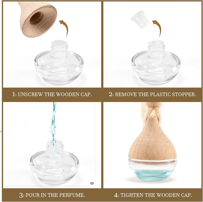 Refillable Car Air Freshener Hanging Diffuser, Empty Glass Bottle with Reed Sticks for Essential Oils, Car Scent Diffuser and Aromatherapy Pendant Decor for Women and Men, 2 Pack
