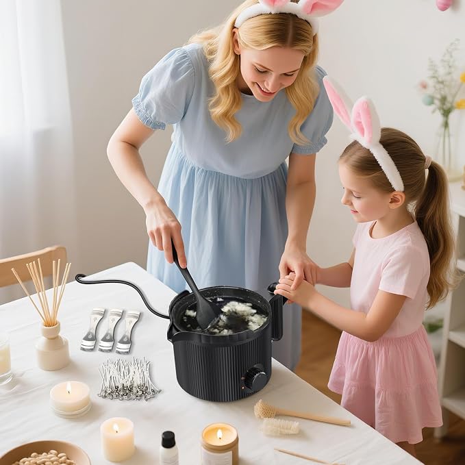 venpow Candle Wax Melter with Pour Spout, Candle Making Kit for Adult Beginners, 1.5L Large Capacity, for Making Candles and Soaps, Kit Includes Wax Melting Pot and Stirring Spoon - Black