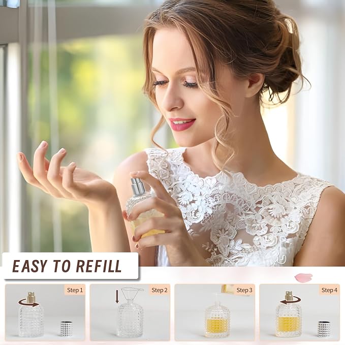 Perfume Bottle Atomizer 30ML Refillable Fine Mist Spray Bottles, Empty Glass Essential Oil Container for Travel, Handbag or Date, With Storage Bag & Funnels(Retro)