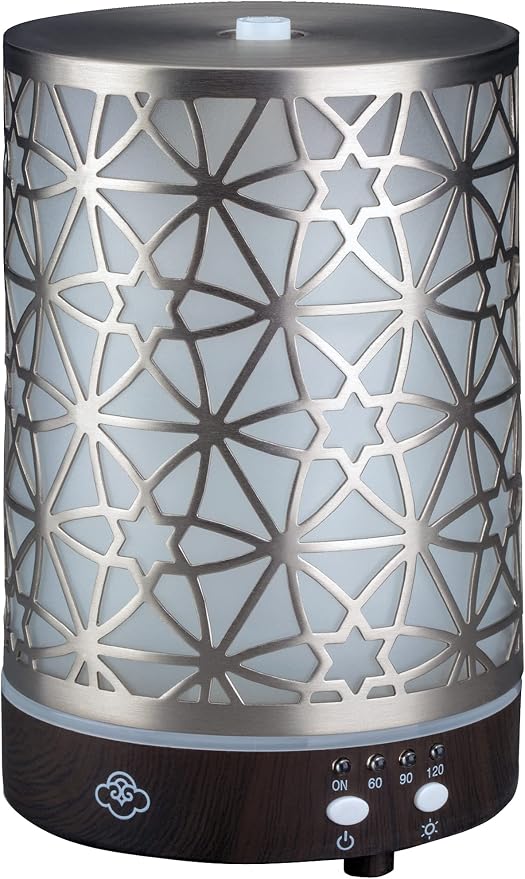 Serene House Nexus, Ultrasonic Essential Oil Cool Mist Diffuser - 7-Color Calming LED Light, Timer Control, Automatic Shut-Off - Silver Metal Cover, 90ml