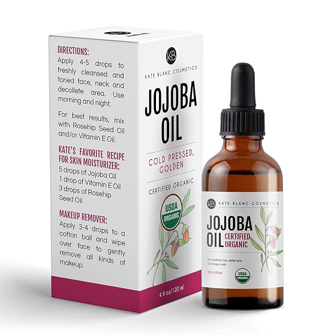 Kate Blanc Cosmetics Organic Jojoba Oil for Hair, Skin, Face, Nails (4oz) - USDA Certified, 100% Pure Cold Pressed Unrefined - Moisturizing Carrier Oil for Gua Sha, Dermaplaning, Body - Glass Bottle