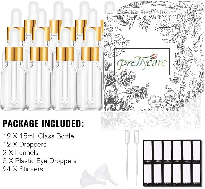 PrettyCare Glass Eye Dropper Bottles 24 Pack, 0.5oz (15ml) Clear Empty Thick Bottles Bulk with Leakproof Golden Caps - With Labels & Funnels for Storage, Travel, Essential Oils, Cuticle, Tinctures
