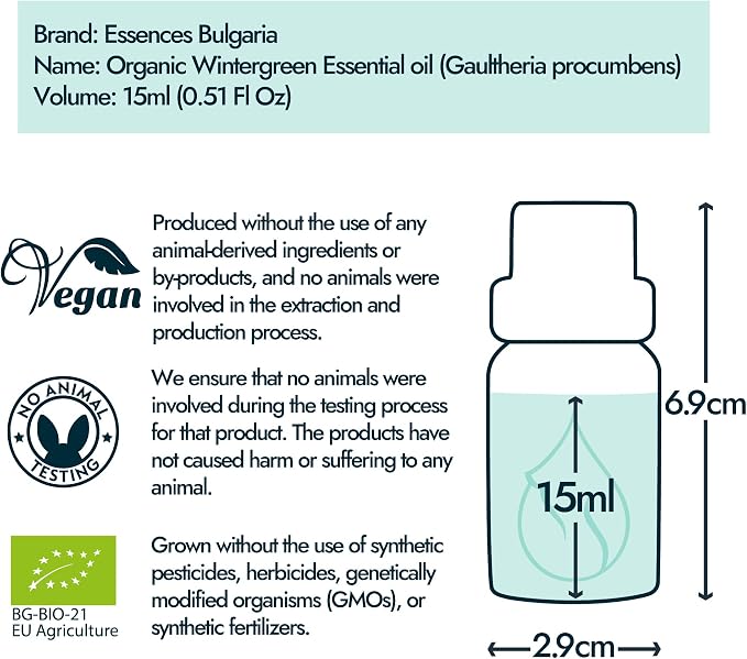 Essences Bulgaria Organic Wintergreen Essential Oil 0.51 Fl Oz | 15ml | Gaultheria procumbens | 100% Pure | Natural | Undiluted | Therapeutic Grade | Aromatherapy | Cosmetics | Cruelty Free | Vegan