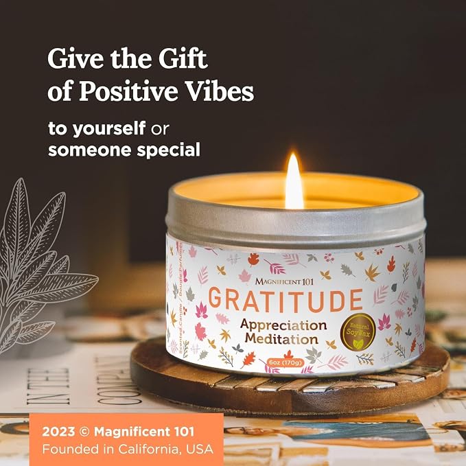 MAGNIFICENT 101 Gratitude Candle - 6 Oz Red Soy Wax - 35 Hour Burn Time & Paraffin Free - Sage Aromatherapy & Energy Cleansing - Meditation & Manifestation Candle