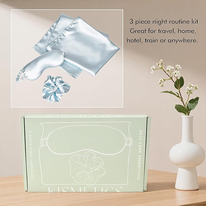 Vegan Silk Sleep Set – Satin Pillowcase, Eye Mask & Large Scrunchie for Hair and Skin – Frizz Free Beauty Sleep & Self Care Night Routine – Light Blue